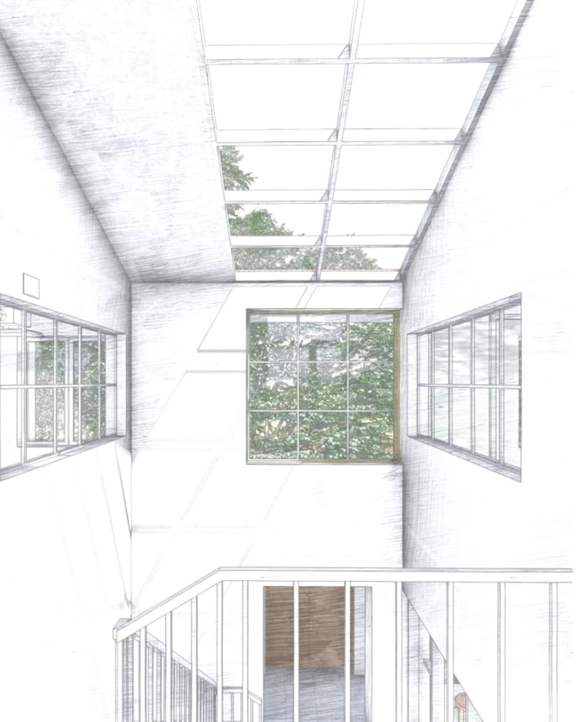 Interior view of the converted machine hall with skylight and central staircase