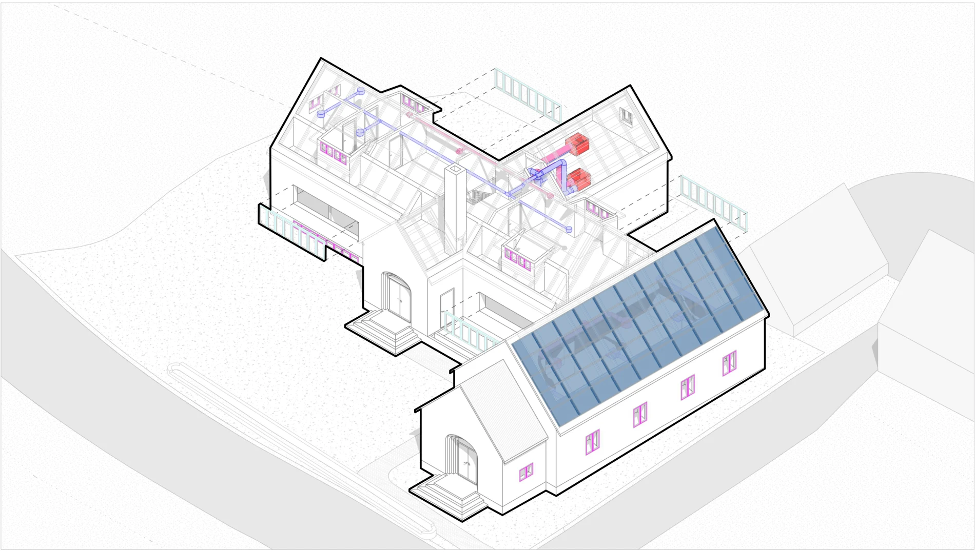 Axonometric cutaway of the Västra Karup building with ventilation, photovoltaics and renovation measures