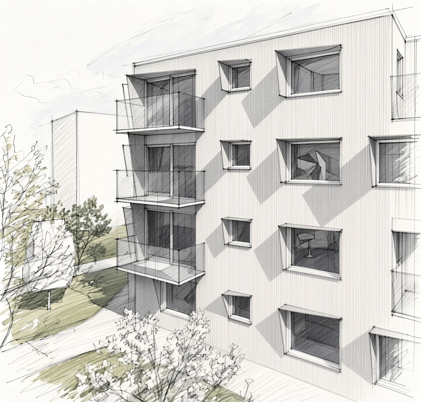 Line drawing of the four-storey residential building in Brunnshög, Lund