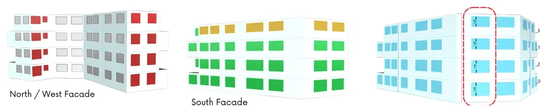 North/west and south façade diagrams and the window sizes per floor on the south façade