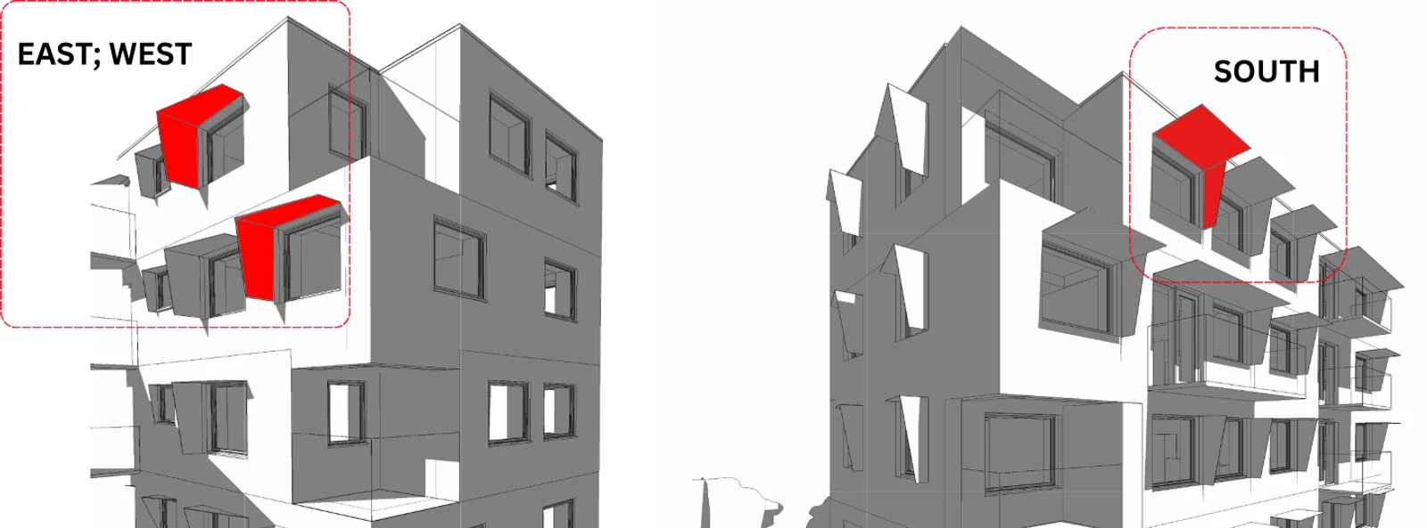 Axonometric views of the fixed shading devices on the east and west façades and on the south façade
