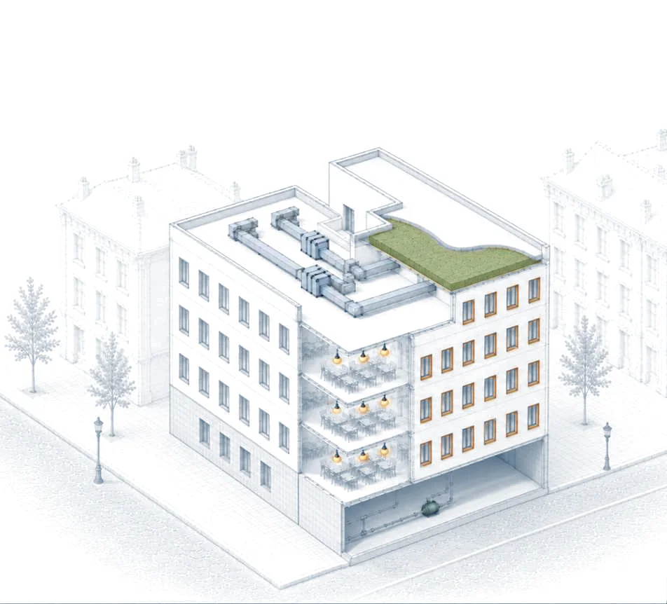Cutaway model of an office building with air handling, lighting and heating distribution